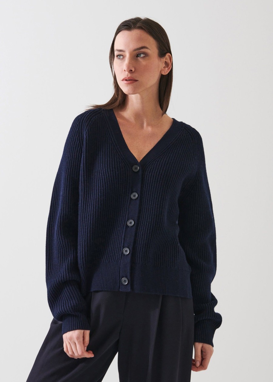 Women Patrick Assaraf | Ribbed Merino Cardigan Dark Navy * Knitboutiqu